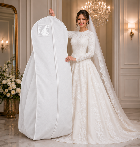 Bride holding a white 72-inch PP nonwoven bridal garment bag with 20-inch gusset