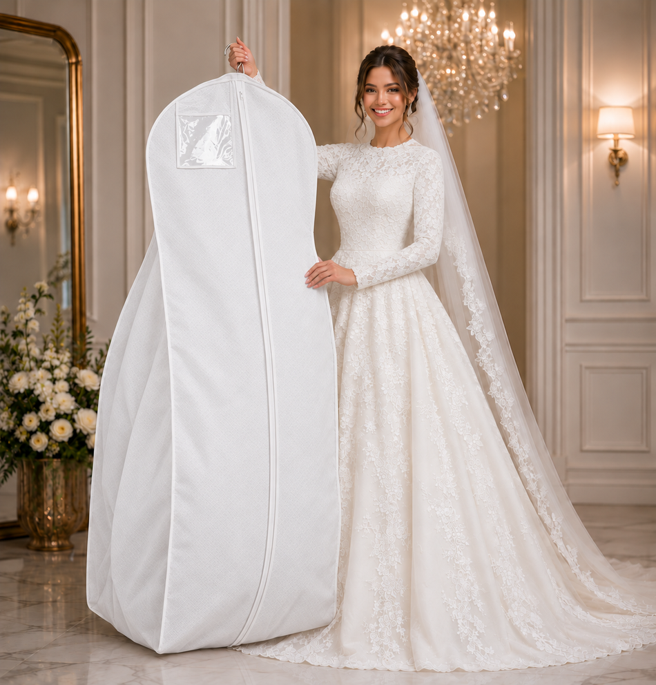 Bride holding a white 72-inch PP nonwoven bridal garment bag with 20-inch gusset