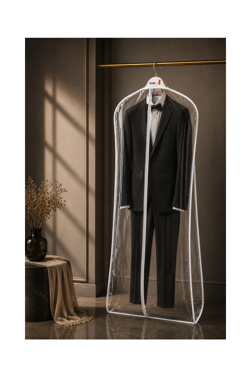A black formal suit with a white shirt and black bow tie hanging inside a clear plastic garment bag on a wooden hanger, set against a warm brown interior wall with soft window shadows.