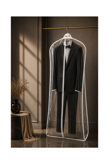 A black formal suit with a white shirt and black bow tie hanging inside a clear plastic garment bag on a wooden hanger, set against a warm brown interior wall with soft window shadows.