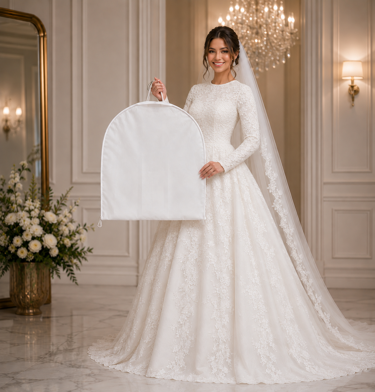 Bride in a high-neck gown with lined long sleeves holding a white breathable veil bag