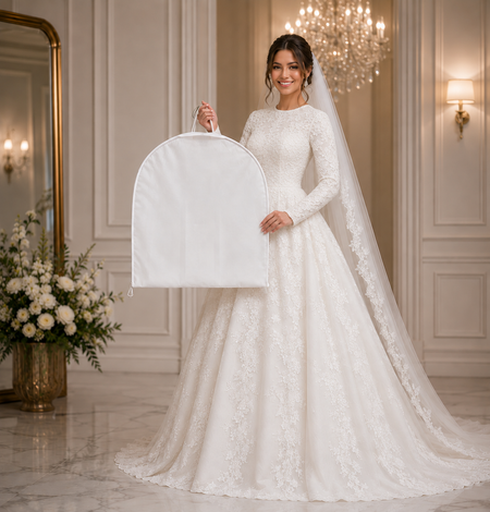 Bride in a high-neck gown with lined long sleeves holding a white breathable veil bag