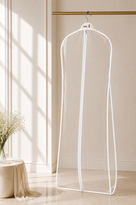 A clear plastic garment storage bag with a white zipper and trim, hanging from a gold hanger on a clothing rack in a sunlit beige room.
